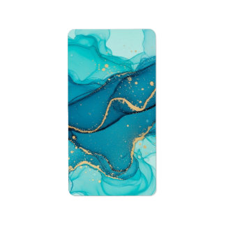 Turquoise and Teal Alcohol Ink Abstract with Gold  Adressaufkleber