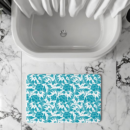 Turquoise and White Floral Damask Pattern Badematte