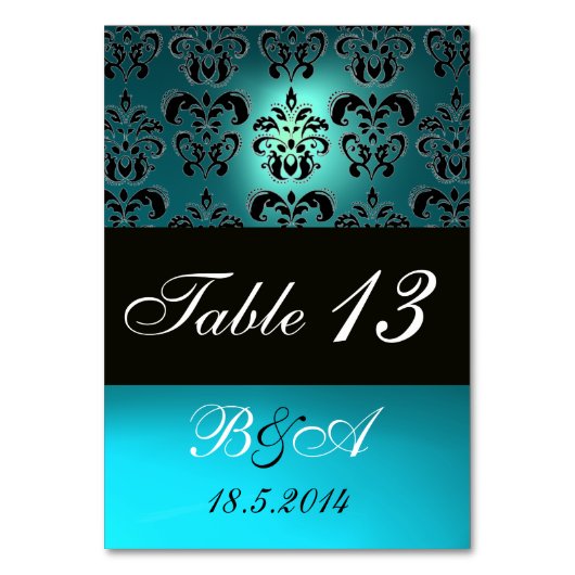 TURQUOISE AQUA BLUE BLACK CLASSY DAMASK MONOGRAMM TISCHNUMMER (Rückseite)