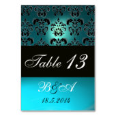 TURQUOISE AQUA BLUE BLACK CLASSY DAMASK MONOGRAMM TISCHNUMMER (Vorderseite)