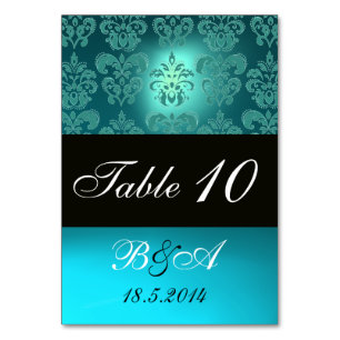 TURQUOISE AQUA BLUE BLACK CLASSY DAMASK MONOGRAMM TISCHNUMMER