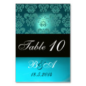 TURQUOISE AQUA BLUE BLACK CLASSY DAMASK MONOGRAMM TISCHNUMMER (Vorderseite)
