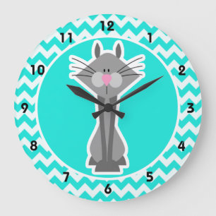 Turquoise, Aqua Color Chevron; Gray Cat Große Wanduhr