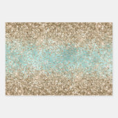 Turquoise Aqua Gold Glam Glitzer Sparkone Geschenkpapier Set (Vorderseite 3)