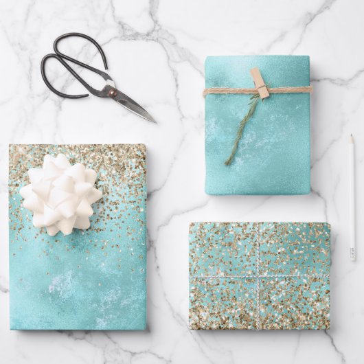 Turquoise Aqua Gold Glam Glitzer Sparkone Geschenkpapier Set (Vorderseite)