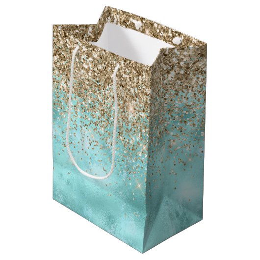 Turquoise Aqua Gold Glam Glitzer Sparkone Mittlere Geschenktüte (Vorderseite Schrägansicht)