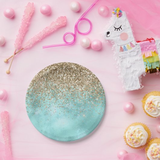 Turquoise Aqua Gold Glam Glitzer Sparkone Pappteller (Party)