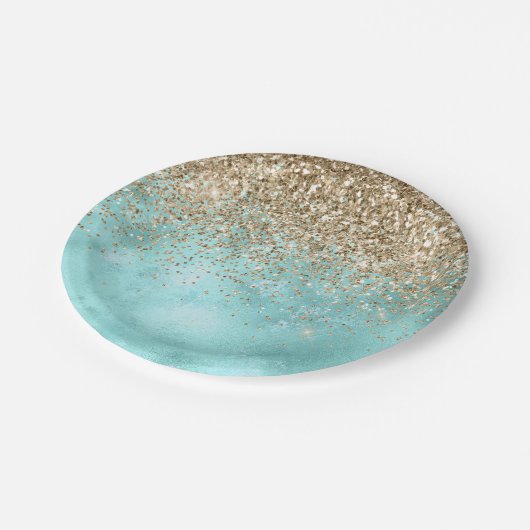 Turquoise Aqua Gold Glam Glitzer Sparkone Pappteller (Schrägansicht)