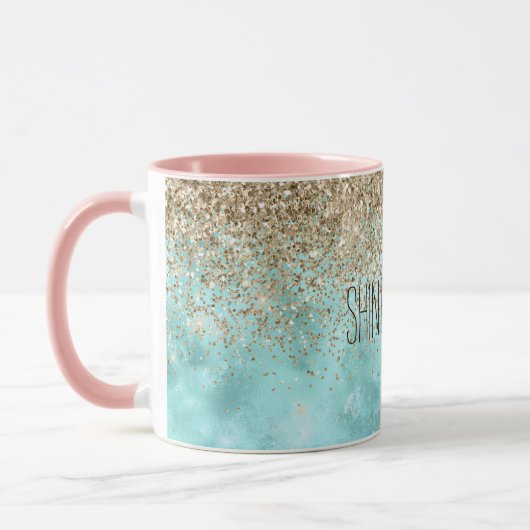 Turquoise Aqua Gold Glam Glitzer Sparkone   Tasse (Links)