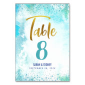 Turquoise B’nai Mitzvah Watercolor Gold Script Tischnummer (Vorderseite)