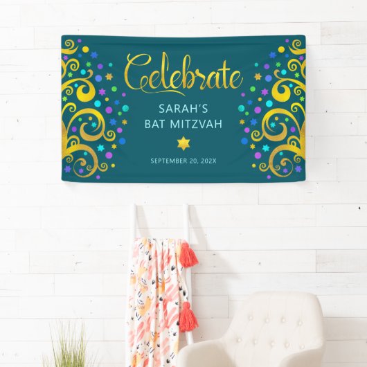 Turquoise Bat Mitzvah Gold Script Tree of Life Banner (Insitu)