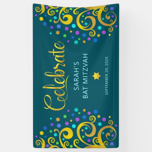 Turquoise Bat Mitzvah Gold Script Tree of Life Banner (Vertikal)