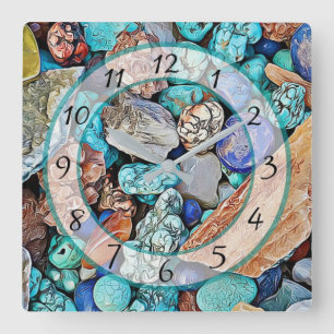 Turquoise Beach Stones Faux Stone Gem Clock Quadratische Wanduhr