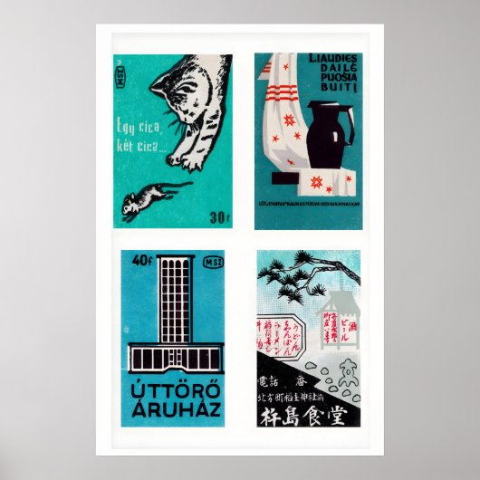 Turquoise & Black Matchbox Labels Grid Print Poster (Vorne)