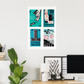 Turquoise & Black Matchbox Labels Grid Print Poster (Heimbüro)