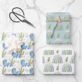 TURQUOISE BLAU GREEN DINOSAURS & RAINBOWS GESCHENKPAPIER SET