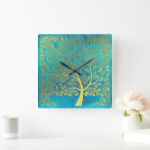 Turquoise Blue and Gold Tree Of Life Quadratische Wanduhr (Zuhause)