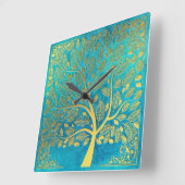 Turquoise Blue and Gold Tree Of Life Quadratische Wanduhr (Winkel)