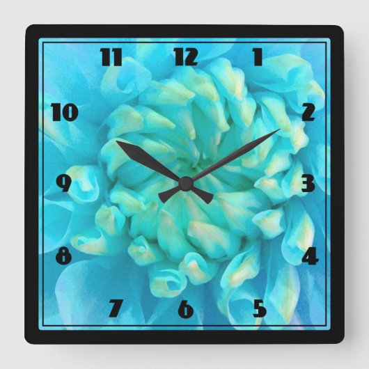 Turquoise Blue Dahlia Flower in Watercolor Quadratische Wanduhr (Vorderseite)