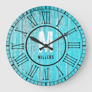 Turquoise Blue Family Monogram Weathered Wood Große Wanduhr