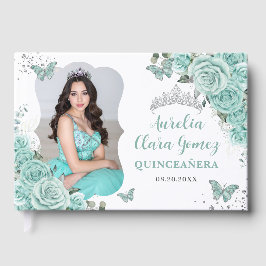 Turquoise Blue Floral Silver Quinceanera 16 Photo Gästebuch