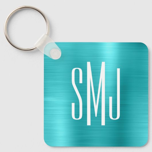 Turquoise Blue Foil Three Letter Monogram Schlüsselanhänger (Vorderseite)