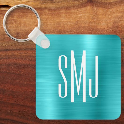 Turquoise Blue Foil Three Letter Monogram Schlüsselanhänger (Vorderseite)