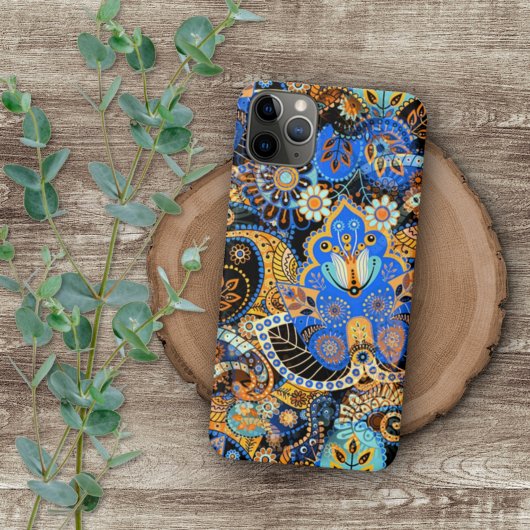 Turquoise Blue Orange Black Paisley Floral Art iPhone Hülle