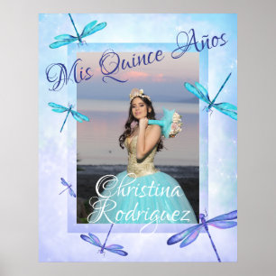 Turquoise & Blue Quinceañera Poster w/ Dragonflies