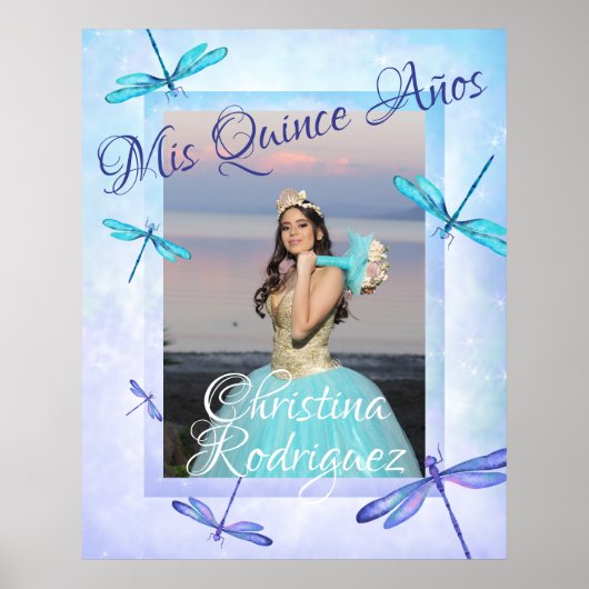 Turquoise & Blue Quinceañera Poster w/ Dragonflies (Vorne)
