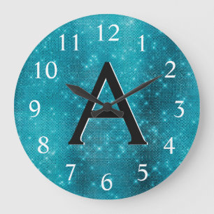 Turquoise Blue Sparkle Monogram Name & Initial Große Wanduhr