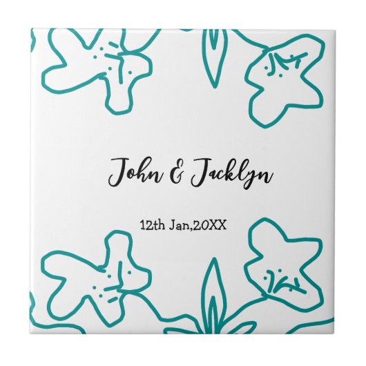 Turquoise blue wedding couple name date flstylish fliese (Vorderseite)