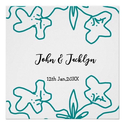Turquoise blue wedding couple name date flstylish poster (Vorderseite)