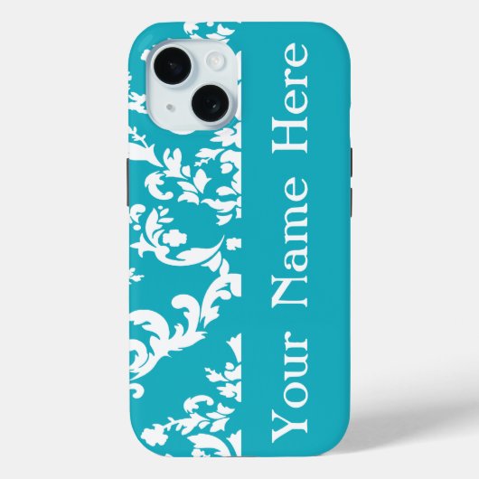 Turquoise Bold Damask w/ name @ Emporiomoffa Case-Mate iPhone Hülle (Rückseite)