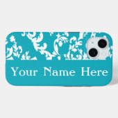Turquoise Bold Damask w/ name @ Emporiomoffa Case-Mate iPhone Hülle (Rückseite (Horizontal))