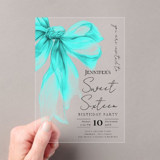 Turquoise Bow Coquette Script Sweet 16 Party Acryleinladungen (Insitu (Handheld))