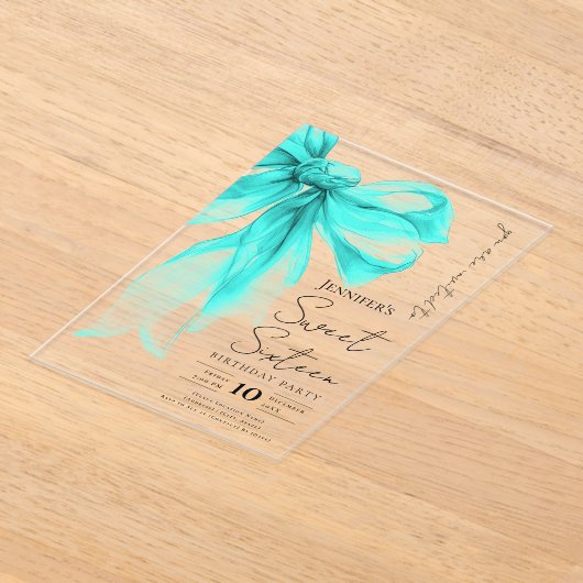 Turquoise Bow Coquette Script Sweet 16 Party Acryleinladungen (Ablage )