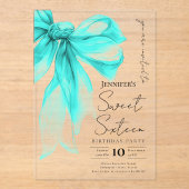 Turquoise Bow Coquette Script Sweet 16 Party Acryleinladungen (Vorderseite)