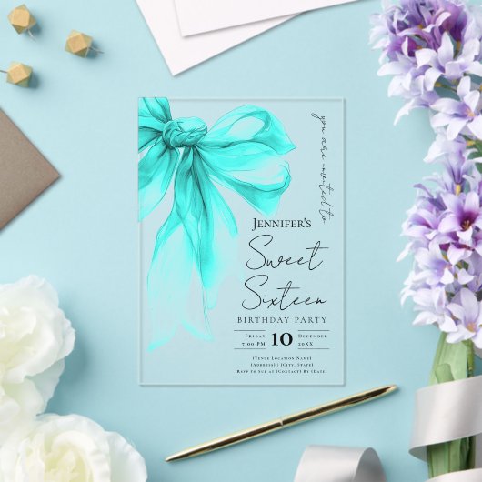 Turquoise Bow Coquette Script Sweet 16 Party Acryleinladungen (In Situ (Hochzeit))