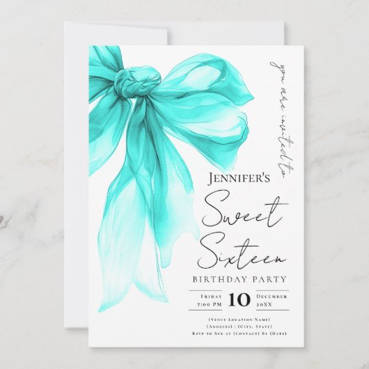 Turquoise Bow Coquette Script Sweet 16 Party  Einladung (Vorderseite)