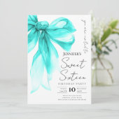 Turquoise Bow Coquette Script Sweet 16 Party  Einladung (Stehend Vorderseite)
