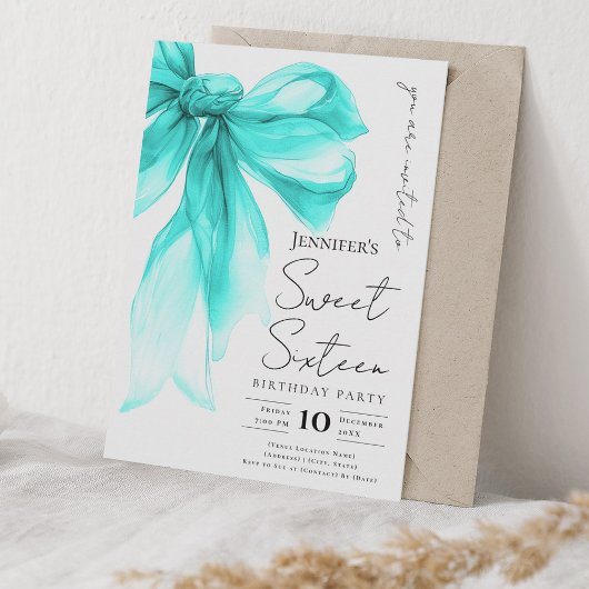Turquoise Bow Coquette Script Sweet 16 Party  Einladung