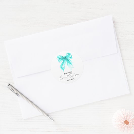 Turquoise Bow Coquette Script Sweet 16 Party Runder Aufkleber (Umschlag)
