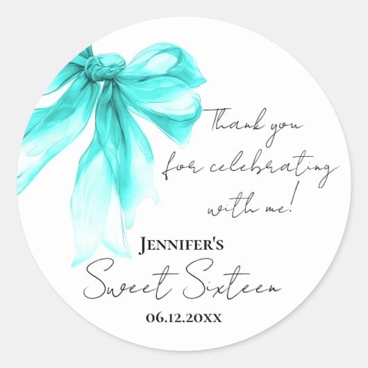 Turquoise Bow Coquette Script Sweet 16 Thank You Runder Aufkleber (Vorderseite)