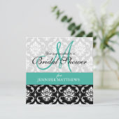 Turquoise Bridal Dusche Einladung Damask Monogramm (Stehend Vorderseite)