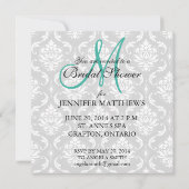 Turquoise Bridal Dusche Einladung Damask Monogramm (Rückseite)