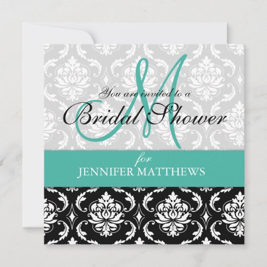 Turquoise Bridal Dusche Einladung Damask Monogramm (Vorderseite)