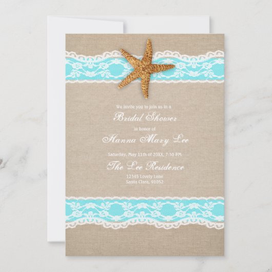 Turquoise Burlap Lace Bridal Dusche Einladung (Vorderseite)