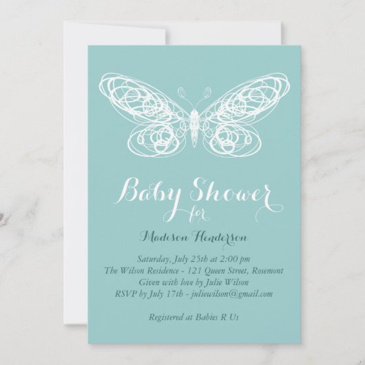 Turquoise Butterfly Baby Dusche Einladung (Vorderseite)