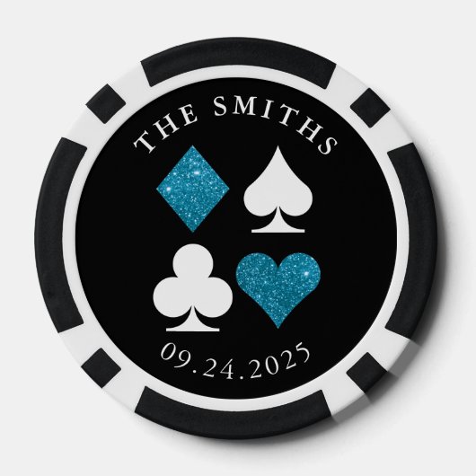 Turquoise Card Anzug Hochzeitdatum und Name Gefäll Pokerchips (Rückseite)